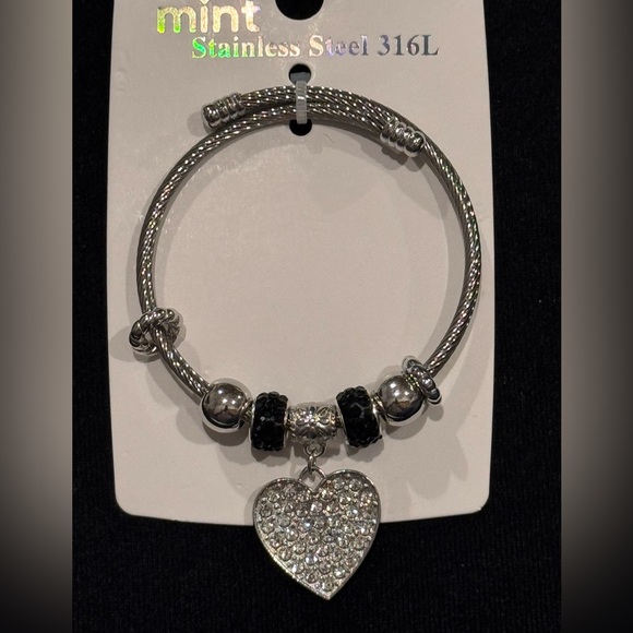Mint Jewelry - Mint Silver Stainless Steel Adjustable Bracelet Heart Charm and Black Accents